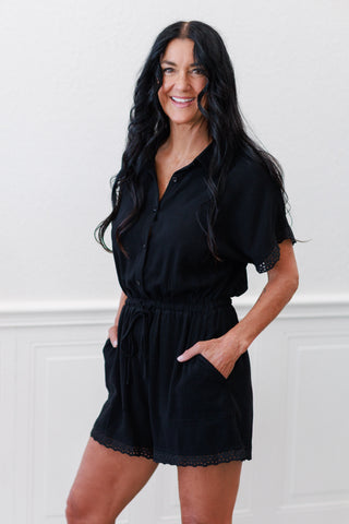Button-Up Front Tie Lace Trim Romper in Black