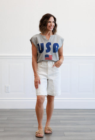 Stretch Denim Mid Thigh Mom Short in White Denim