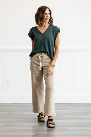 High Rise Taupe Drawstring Crop Wide Leg Jeans