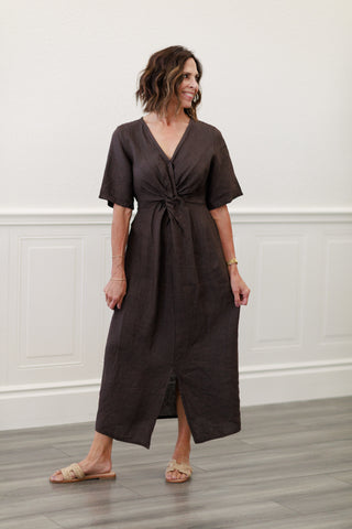 Capri Linen Twist Front Midi Dress in Chocolate