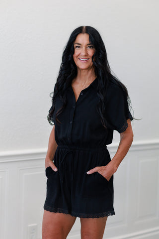 Button-Up Front Tie Lace Trim Romper in Black
