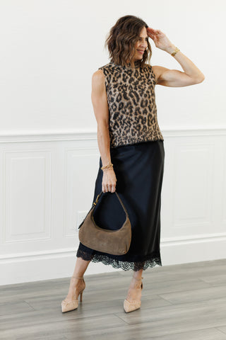 Satin Lace Hem Back Slit Pencil Midi Skirt in Black