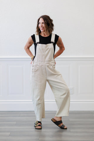 Oatmeal Pinstripe Wide Leg Overalls