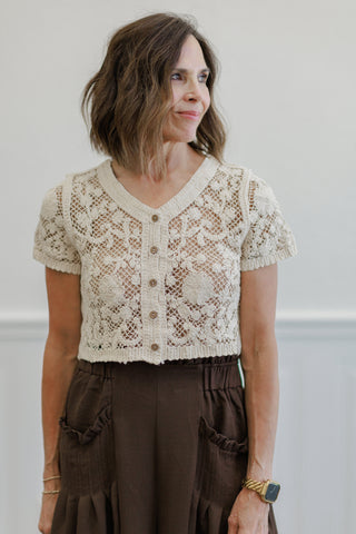 Floral Crochet Button Front Short Sleeve Top