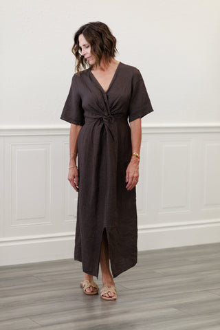 Capri Linen Twist Front Midi Dress in Chocolate