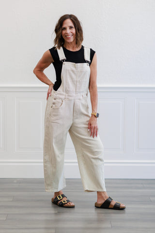 Oatmeal Pinstripe Wide Leg Overalls