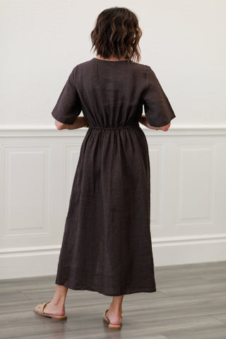 Capri Linen Twist Front Midi Dress in Chocolate