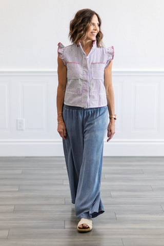 Smocked Waist Wide Leg Chambray Pants in Dark Denim