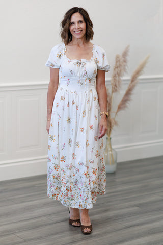 Ivory Floral Puff Sleeve Smocked Midi Dress