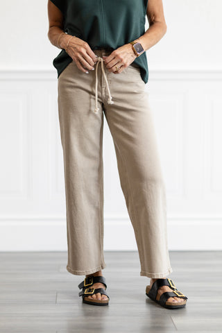 High Rise Taupe Drawstring Crop Wide Leg Jeans