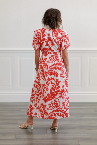 Printed Short Sleeve Puff Midi Dress