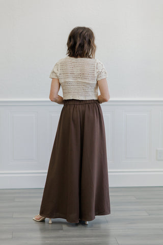Brown Crinkle Gauze Ruffle Trim Maxi Skirt