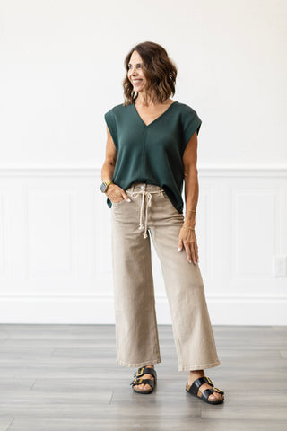 High Rise Taupe Drawstring Crop Wide Leg Jeans