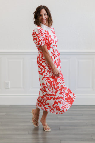 Printed Short Sleeve Puff Midi Dress