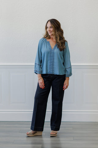 Vintage Blue Embroidered Boho Blouse