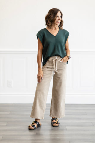 High Rise Taupe Drawstring Crop Wide Leg Jeans