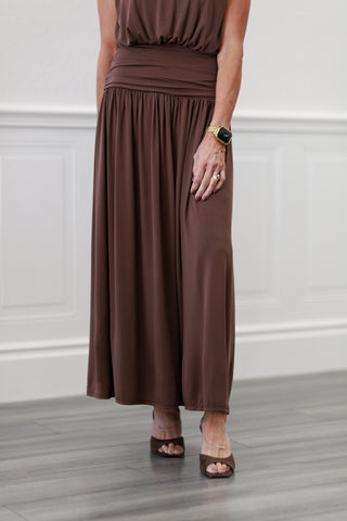 Wide Gathered Waistband Knit Maxi Skirt in Chocolate