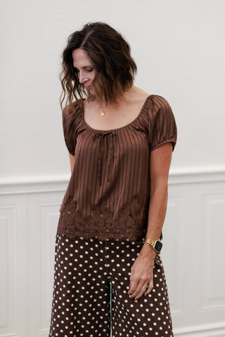 Pinstripe Front Tie Lace Hem Puff Sleeve Top