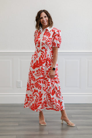 Printed Short Sleeve Puff Midi Dress