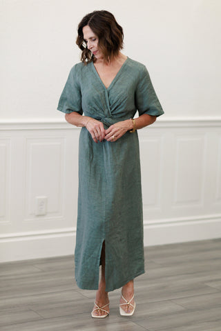 Capri Linen Twist Front Midi Dress in Olive