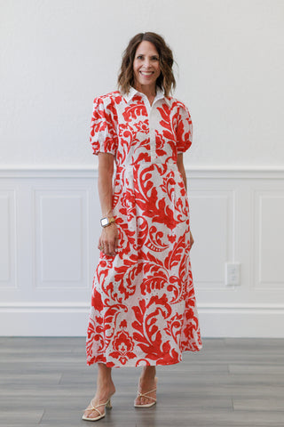 Printed Short Sleeve Puff Midi Dress