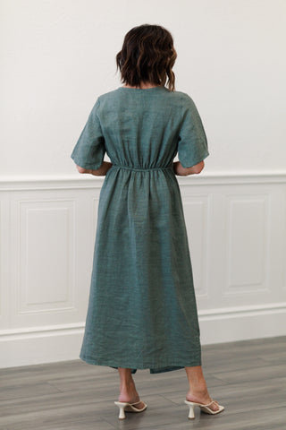 Capri Linen Twist Front Midi Dress in Olive