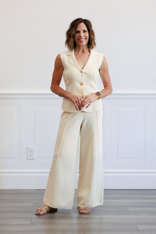 Sleeveless Peplum Vest & Sweater Pants Set in Ivory