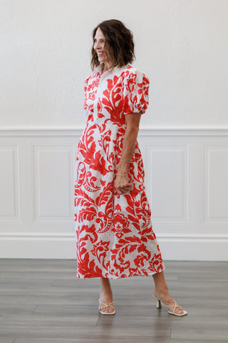 Printed Short Sleeve Puff Midi Dress