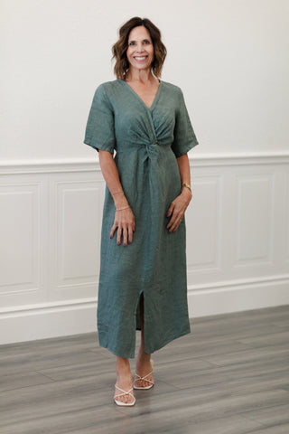 Capri Linen Twist Front Midi Dress in Olive