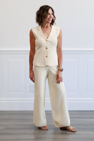 Sleeveless Peplum Vest & Sweater Pants Set in Ivory