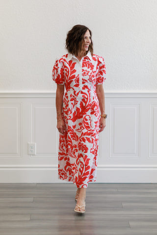 Printed Short Sleeve Puff Midi Dress