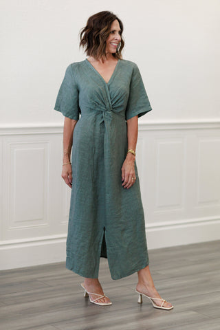 Capri Linen Twist Front Midi Dress in Olive