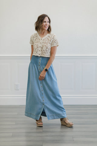 Light Wash Button Front Denim Maxi Skirt