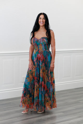 Pleated Floral Tulle Maxi Dress in Multi Orange