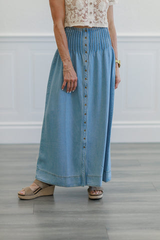 Light Wash Button Front Denim Maxi Skirt