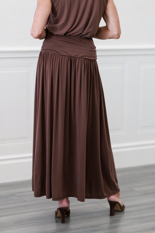 Wide Gathered Waistband Knit Maxi Skirt in Chocolate