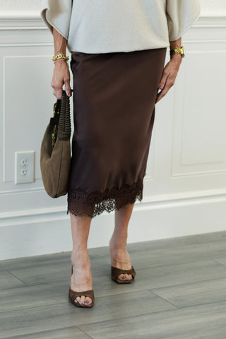 Satin Lace Hem Back Slit Pencil Midi Skirt in Brown