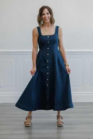 Dark Wash Denim Square Neck Button Front Midi Dress