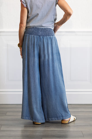 Smocked Waist Wide Leg Chambray Pants in Dark Denim