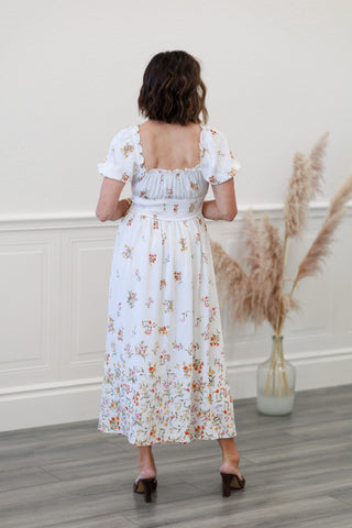 Ivory Floral Puff Sleeve Smocked Midi Dress