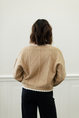 Diamond Cable Knit Scallop Trim Cropped Sweater