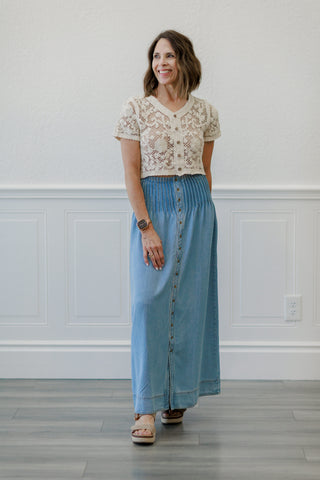 Light Wash Button Front Denim Maxi Skirt