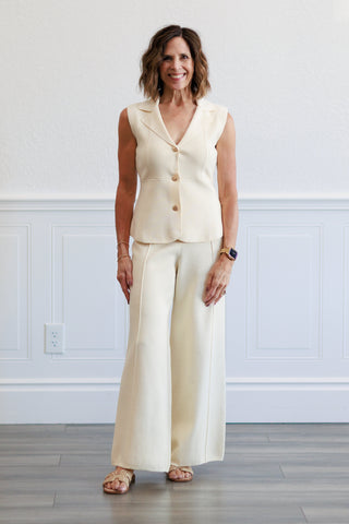 Sleeveless Peplum Vest & Sweater Pants Set in Ivory
