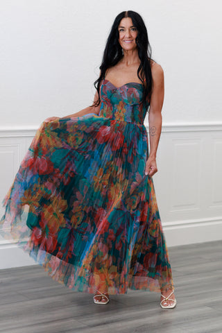 Pleated Floral Tulle Maxi Dress in Multi Orange