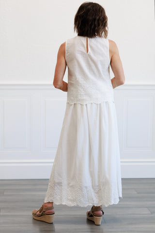 Eyelet Hem Elastic Waist Midi Skirt in White