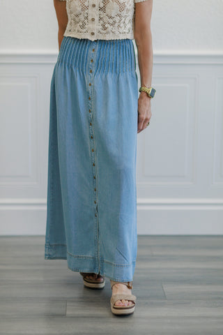 Light Wash Button Front Denim Maxi Skirt
