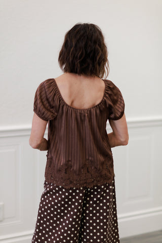 Pinstripe Front Tie Lace Hem Puff Sleeve Top