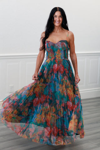 Pleated Floral Tulle Maxi Dress in Multi Orange