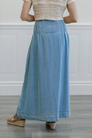 Light Wash Button Front Denim Maxi Skirt
