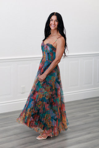 Pleated Floral Tulle Maxi Dress in Multi Orange